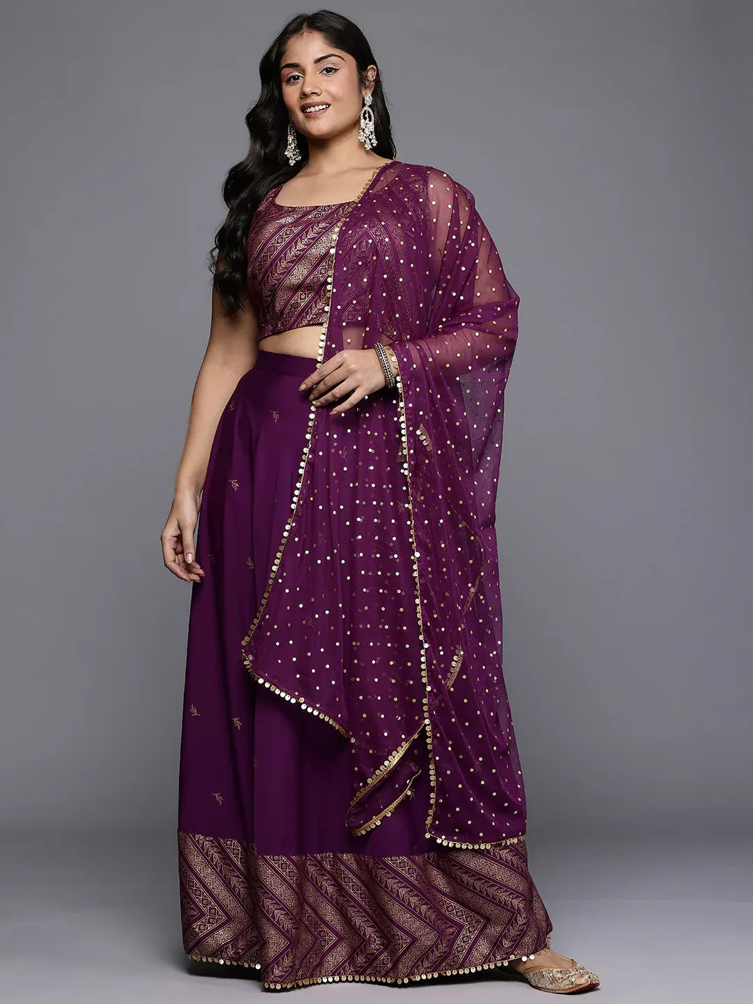 Plus Size Printed Sequined Detail Foil Print Lehenga Choli With Dupatta