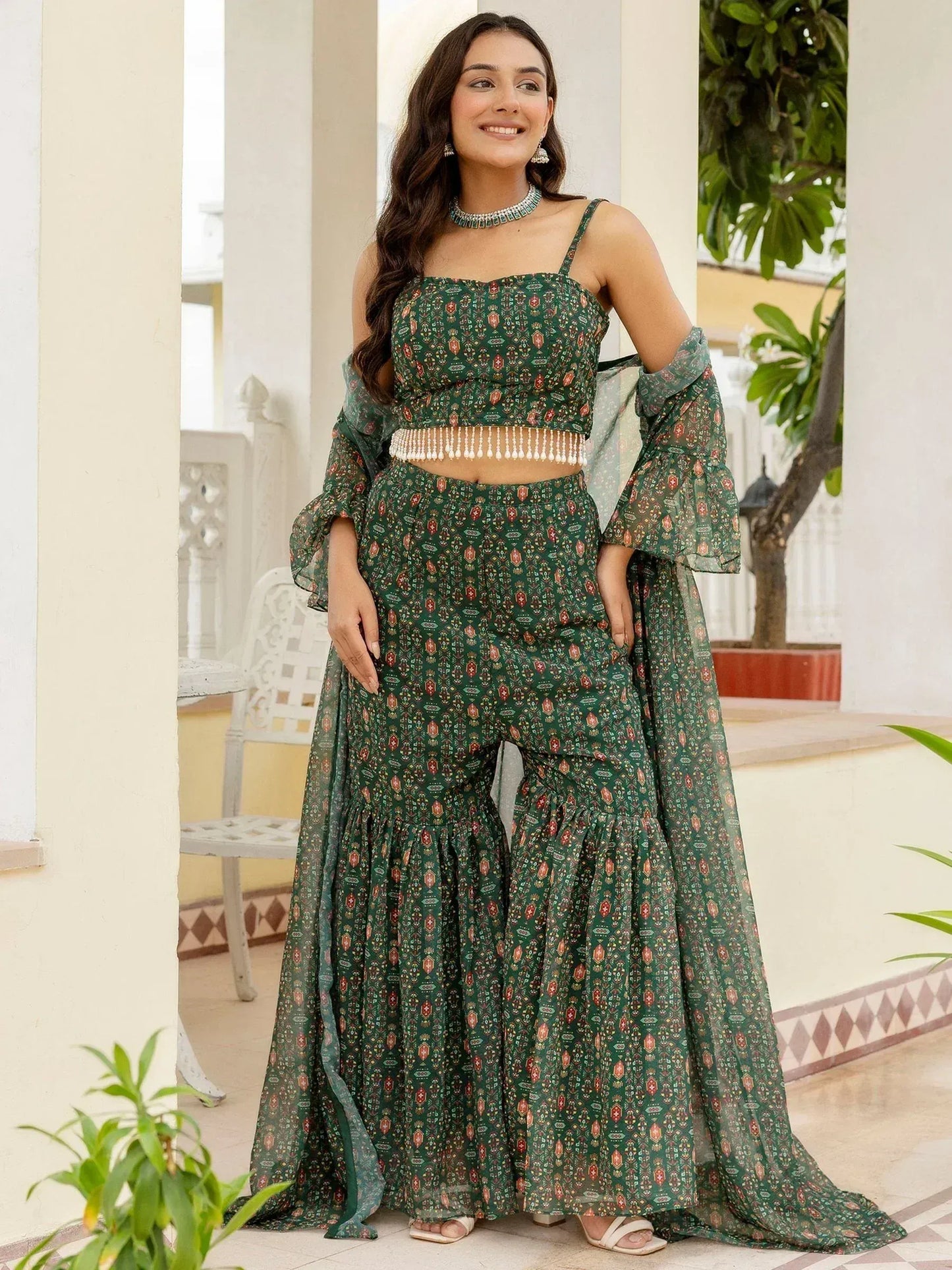Bottle Green Digital Printed Georgette Designer Sharara Suit With Jacket