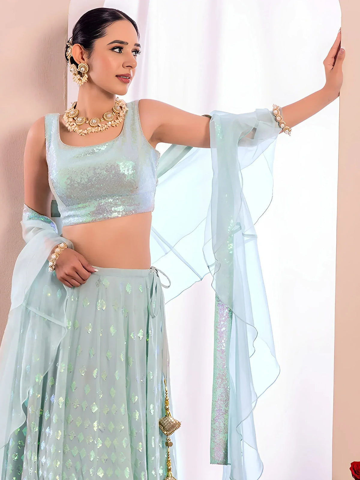 Fabulous Sky-Blue/Pink Embroidered Georgette Reception Wear Lehenga Choli