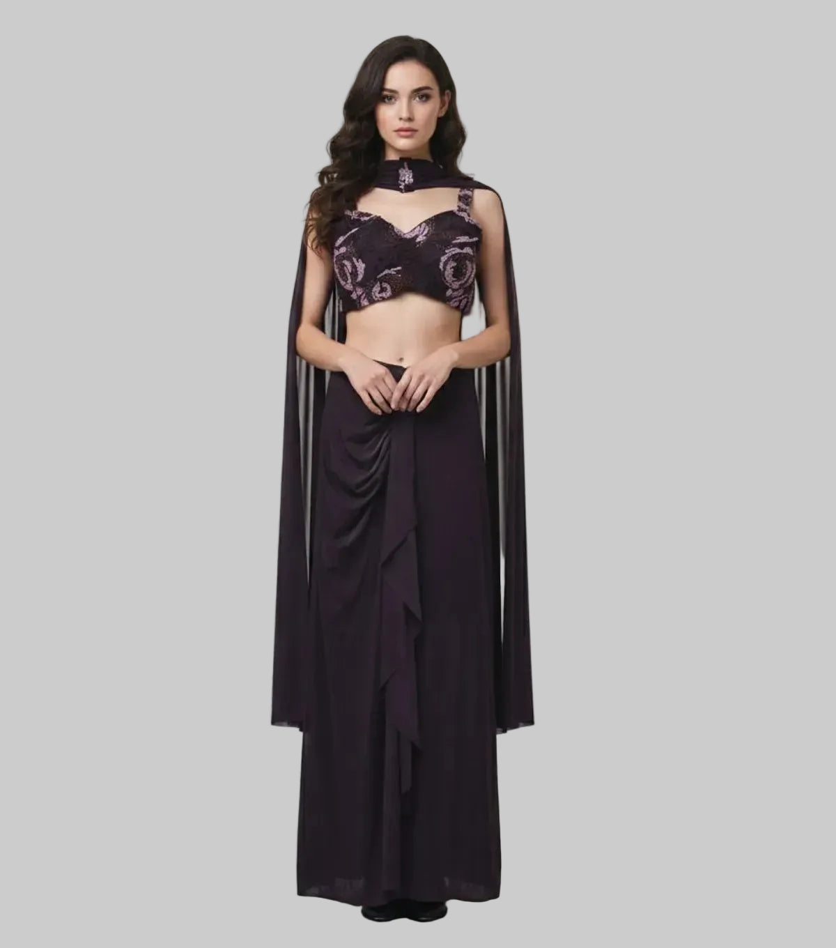 Women Crop Top Skirt Cape Indo Western Set