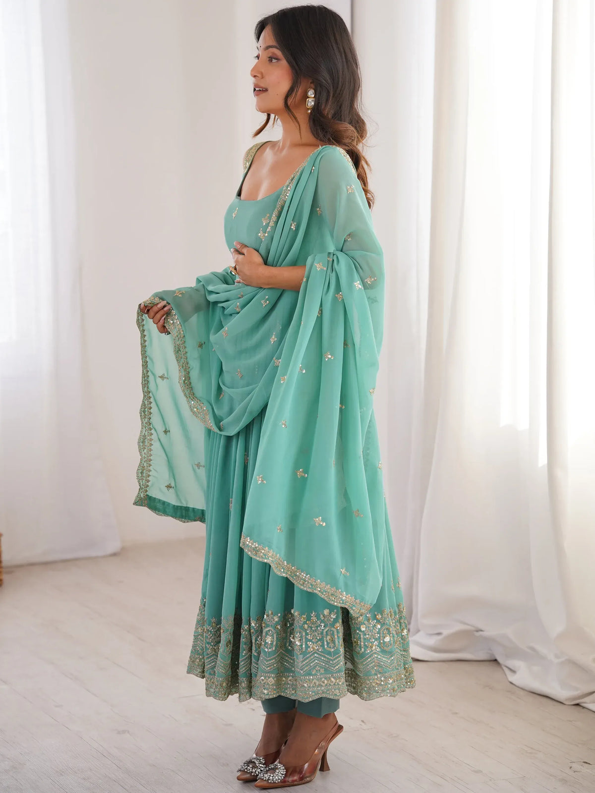 Glorious Sea Green Sequins Georgette Mehendi Wear Anarkali Suit