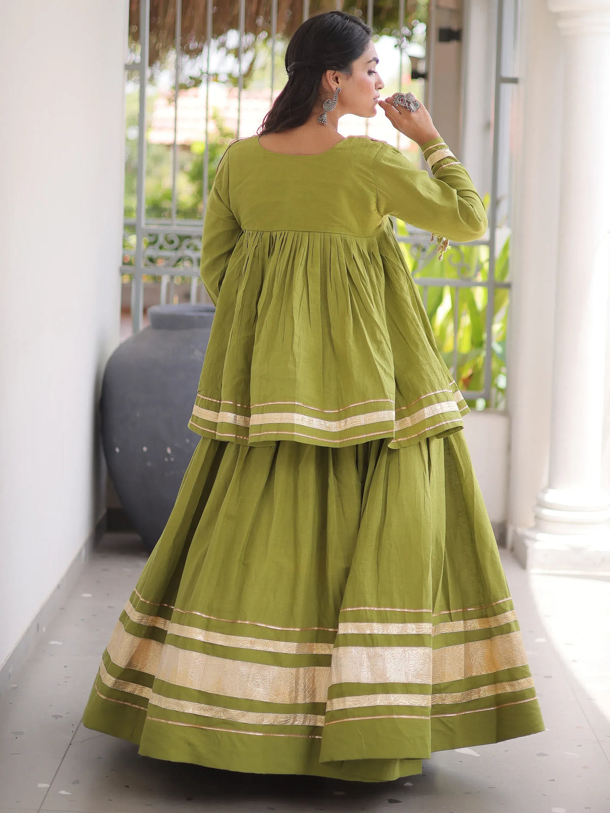 Green Gota-Laced Navratri Wear Lehenga With Peplum Top