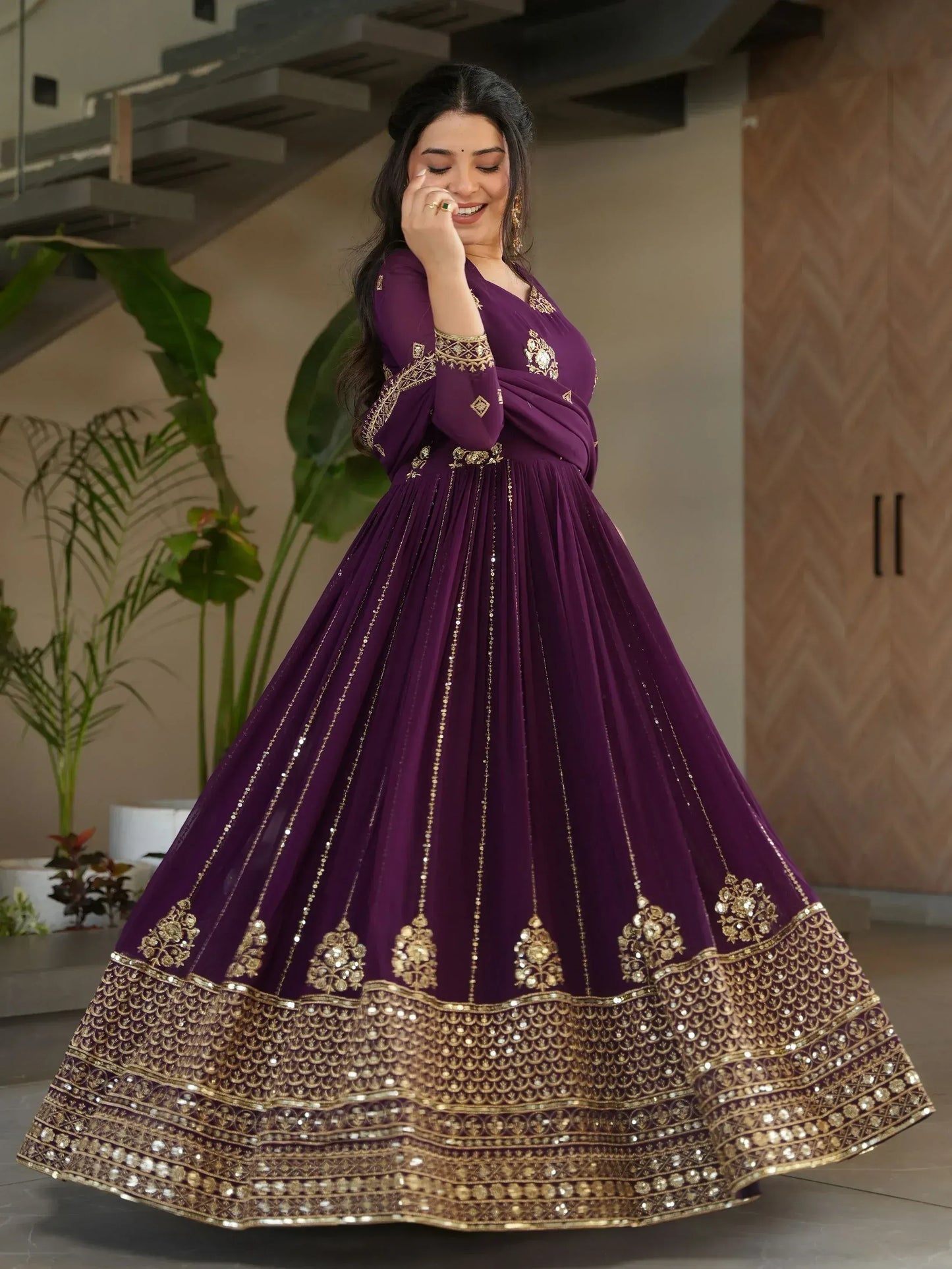 Intricate Georgette Sequins Embroidered Gown With Dupatta
