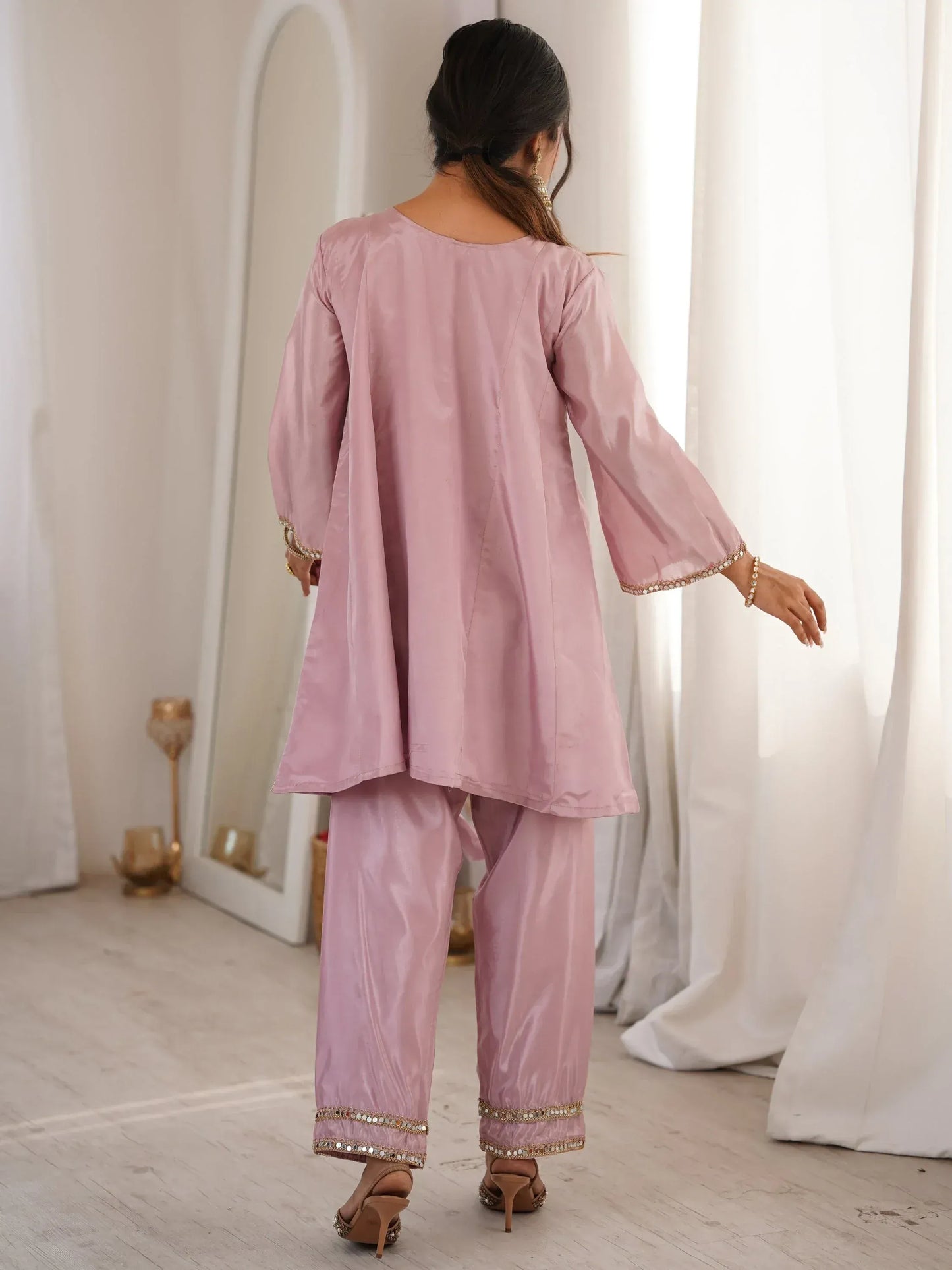 Pastel Mirror Work Silk Designer Pant Suit