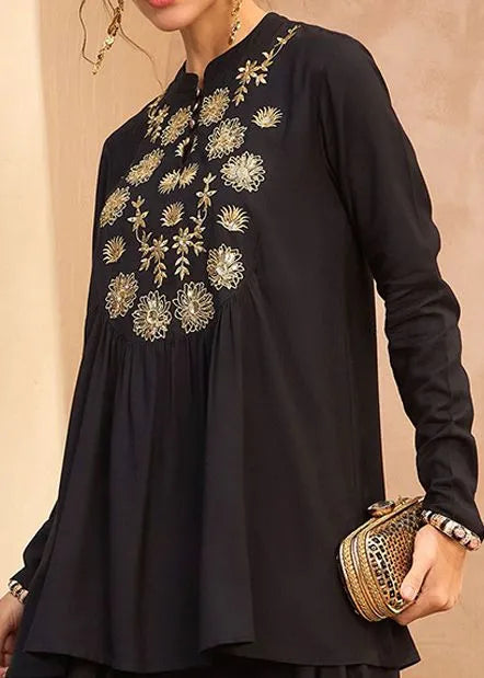 Floral Embroidered Pleated Sequined A-Line Fusion Kurti with Dhoti Pant