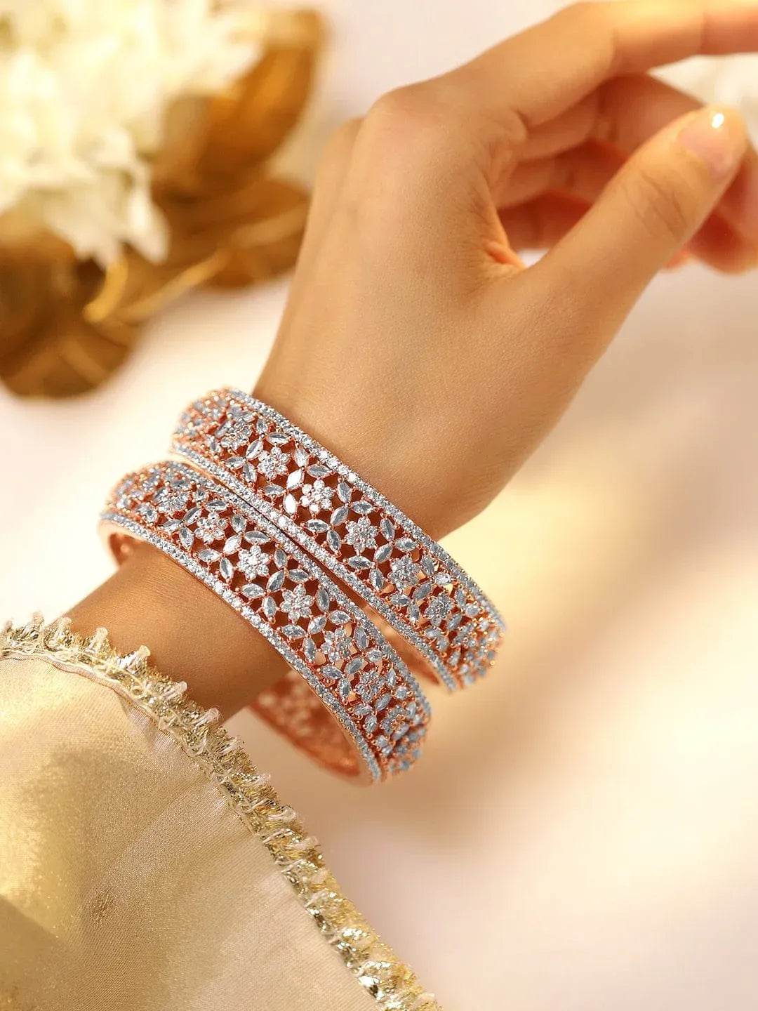 Set of 2 22K Rose Gold Plated Cubic Zirconia Stone Studded Floral Design Bangles