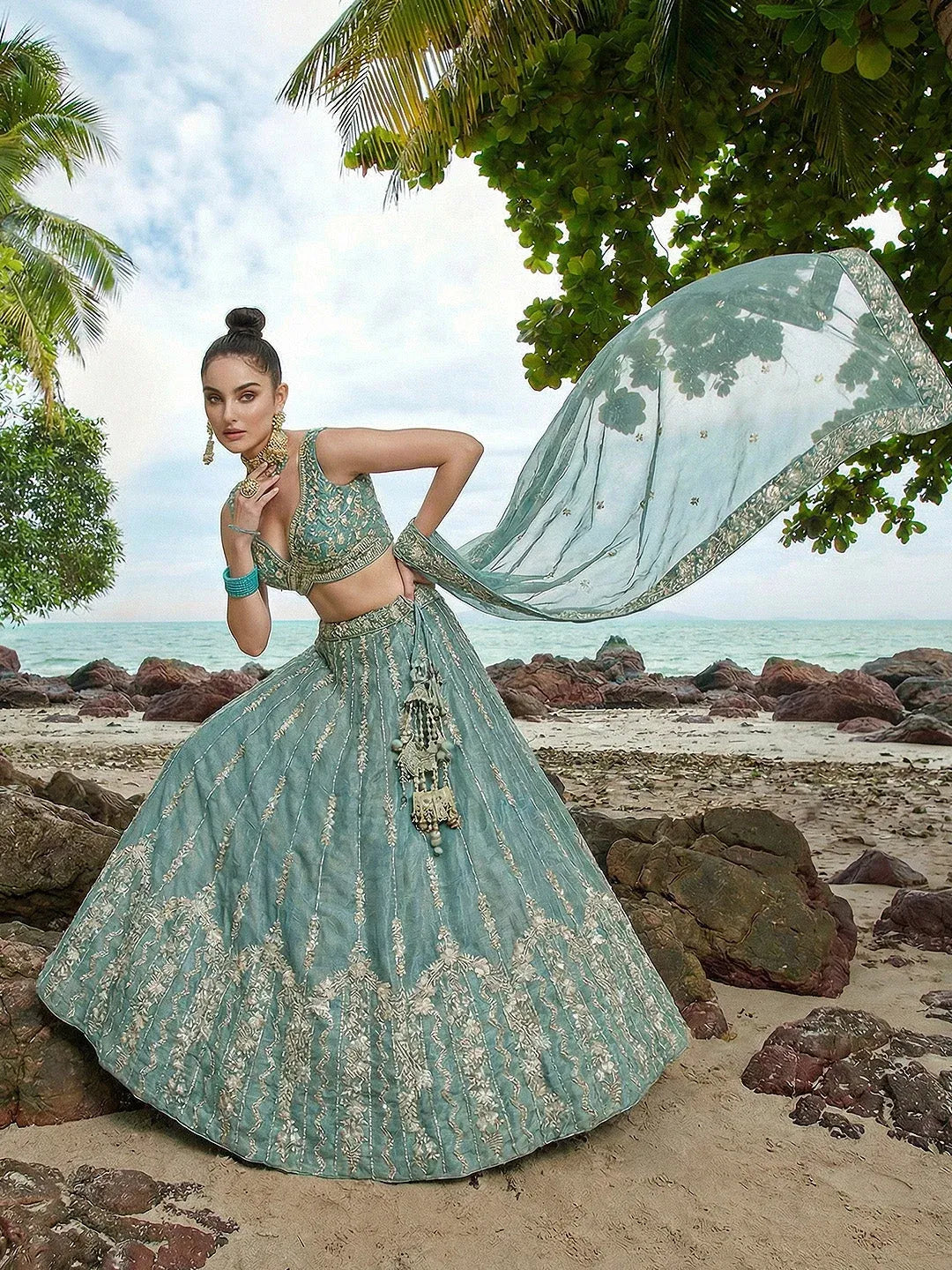 Turquoise Chiffon Sequence with Zari thread Embroidered Lehenga Set
