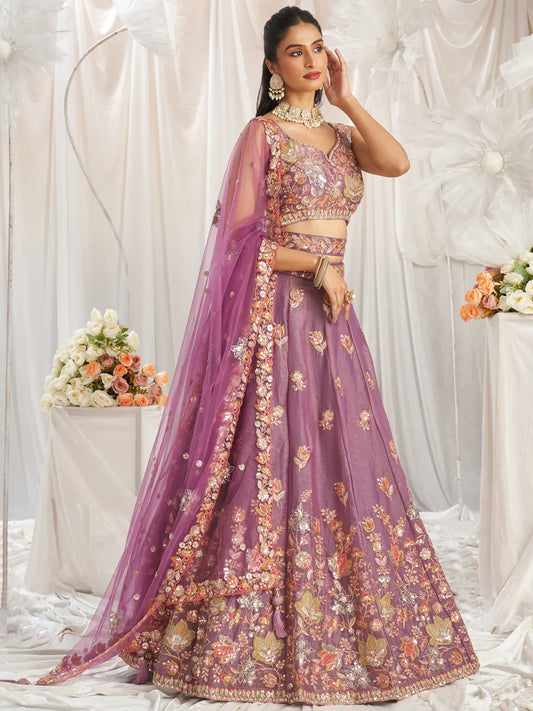 Lavender - Organza Patch type work Embroidered Using Golden Color Sequin,Multi-Thread Semi-Stitched Lehenga Choli