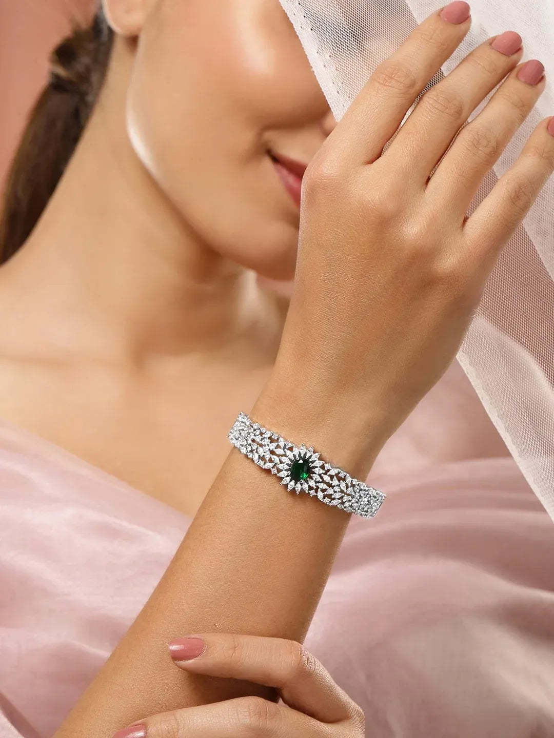 Rhodium-Plated Emerald Green & White Cubic Zirconia Studded Openable Bracelet