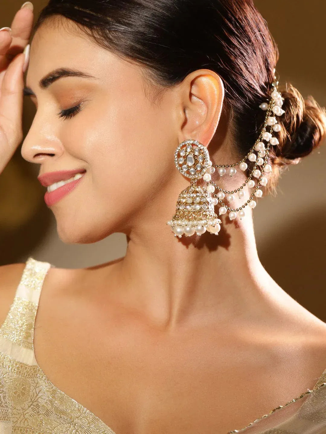 Splendid White Kundan Jhumka with Kaan Chain