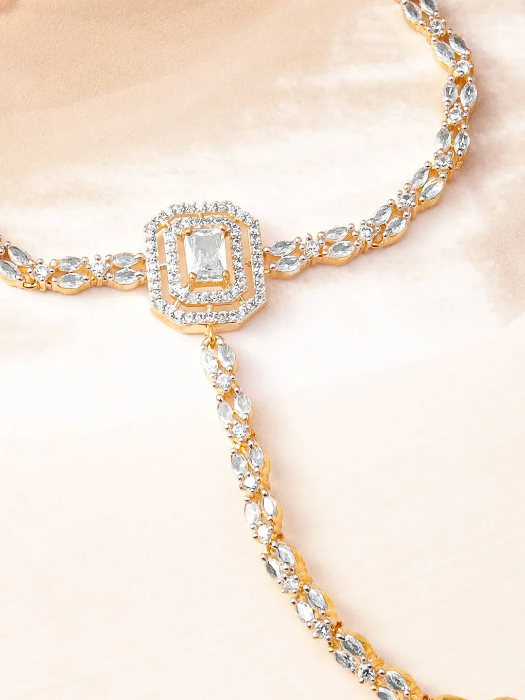 18KT Gold-Plated Cubic Zirconia Studded Hand Harness Ring Bracelet