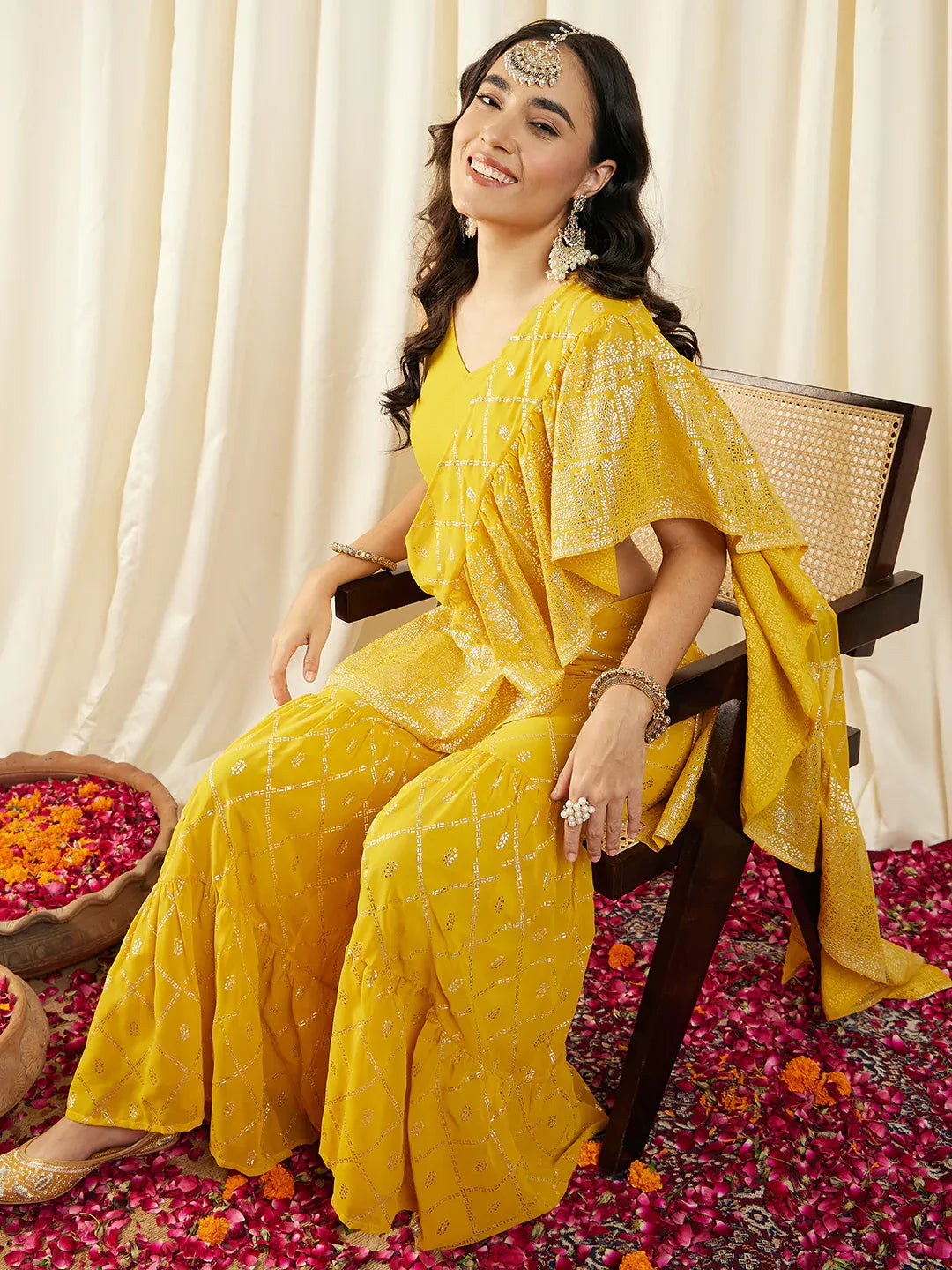 Crop Top with Sharara Saree and frill Dupatta in Ethnic Motifs