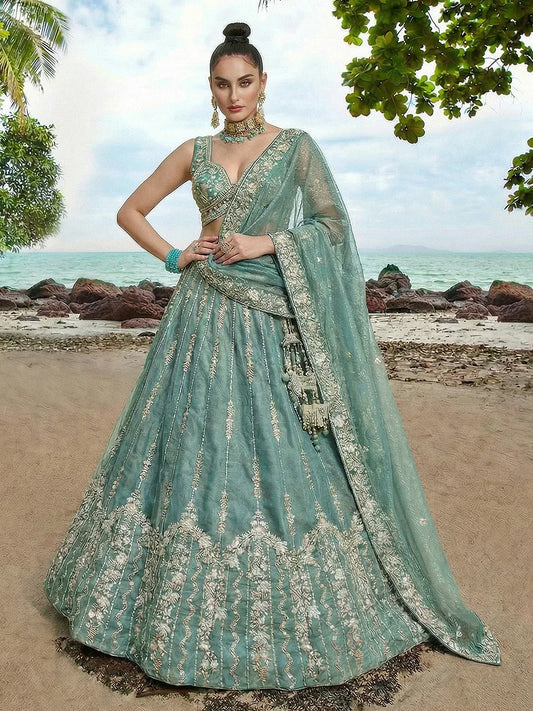 Turquoise Chiffon Sequence with Zari thread Embroidered Lehenga Set
