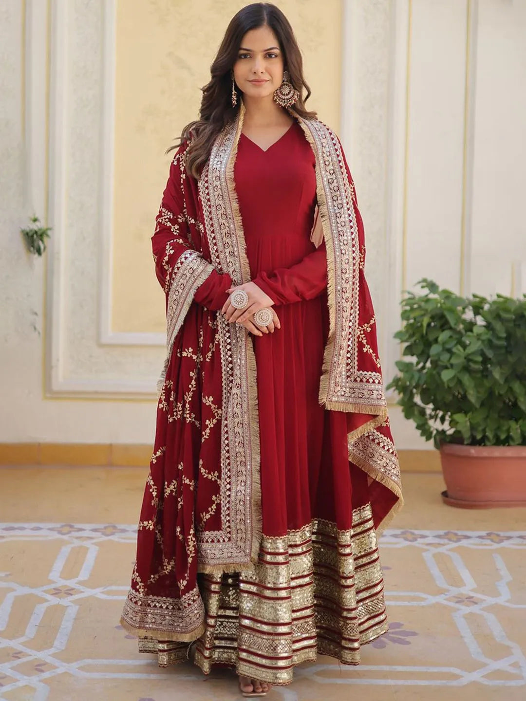 Women Maroon Embroidered Georgette Anarkali Kurta