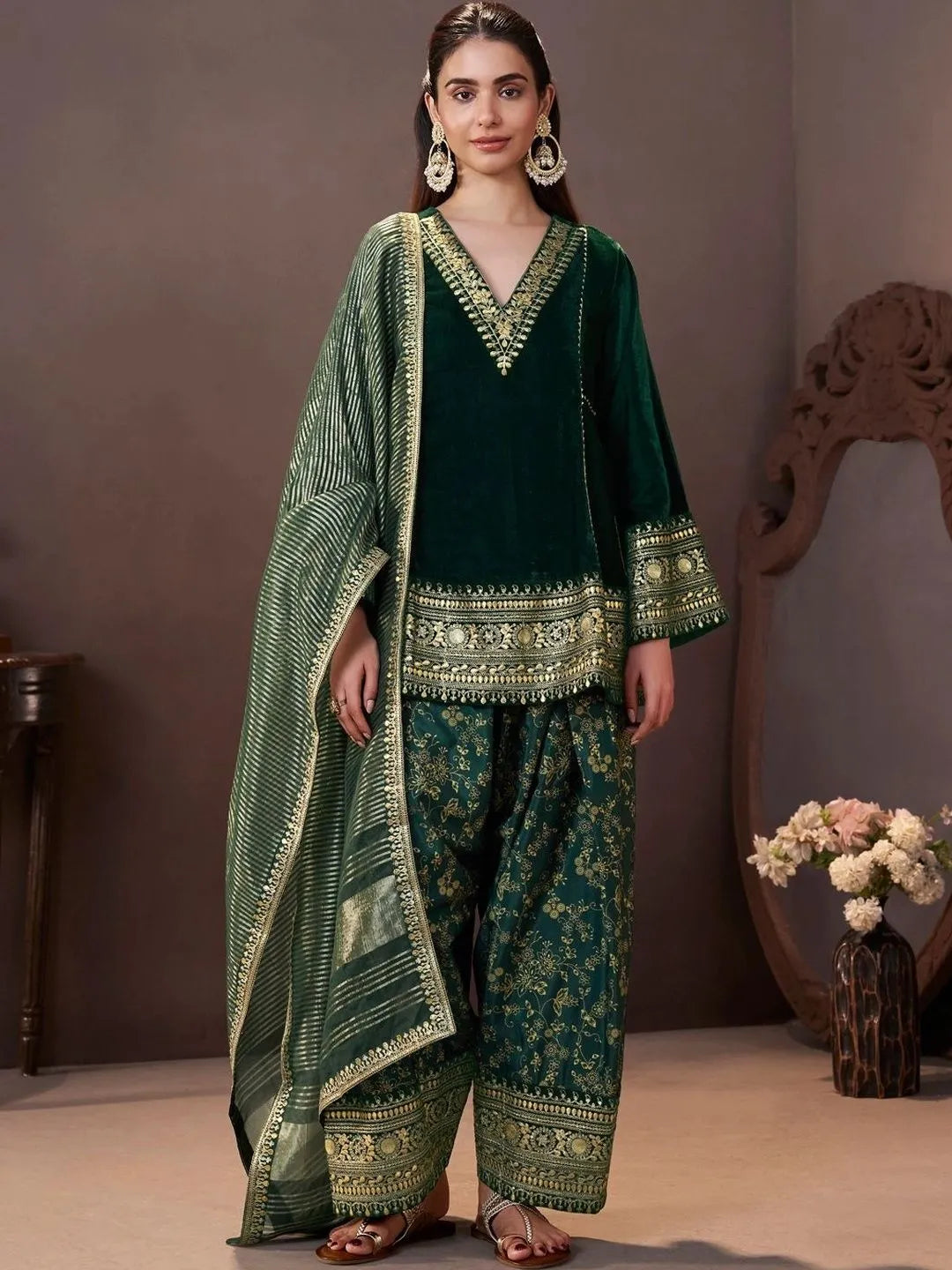 Women Ethnic Motifs Embroidered Regular Velvet Kurta with Farshi & With Dupatta