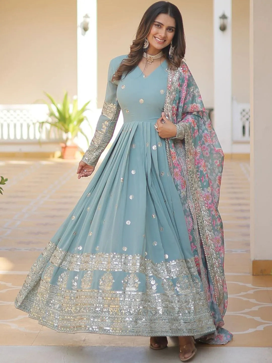 Floral Embroidered Sequined Georgette Anarkali Kurta With Dupatta