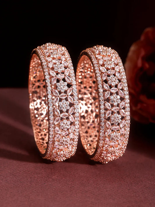 Set of 2 22K Rose Gold Plated Cubic Zirconia Stone Studded Floral Design Bangles