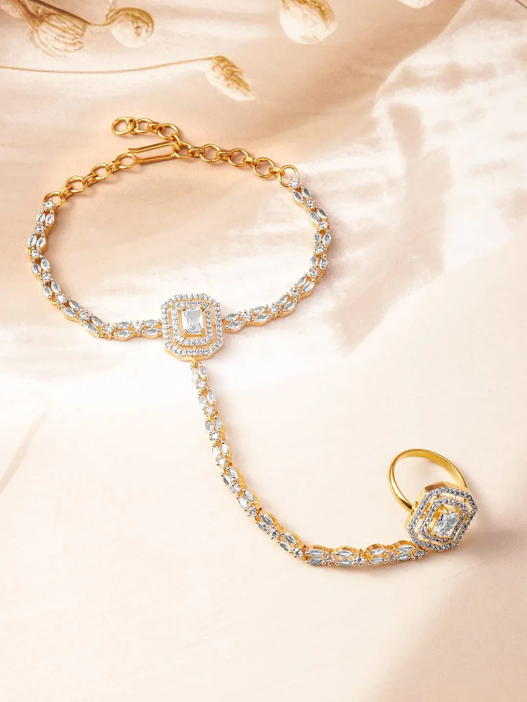 18KT Gold-Plated Cubic Zirconia Studded Hand Harness Ring Bracelet