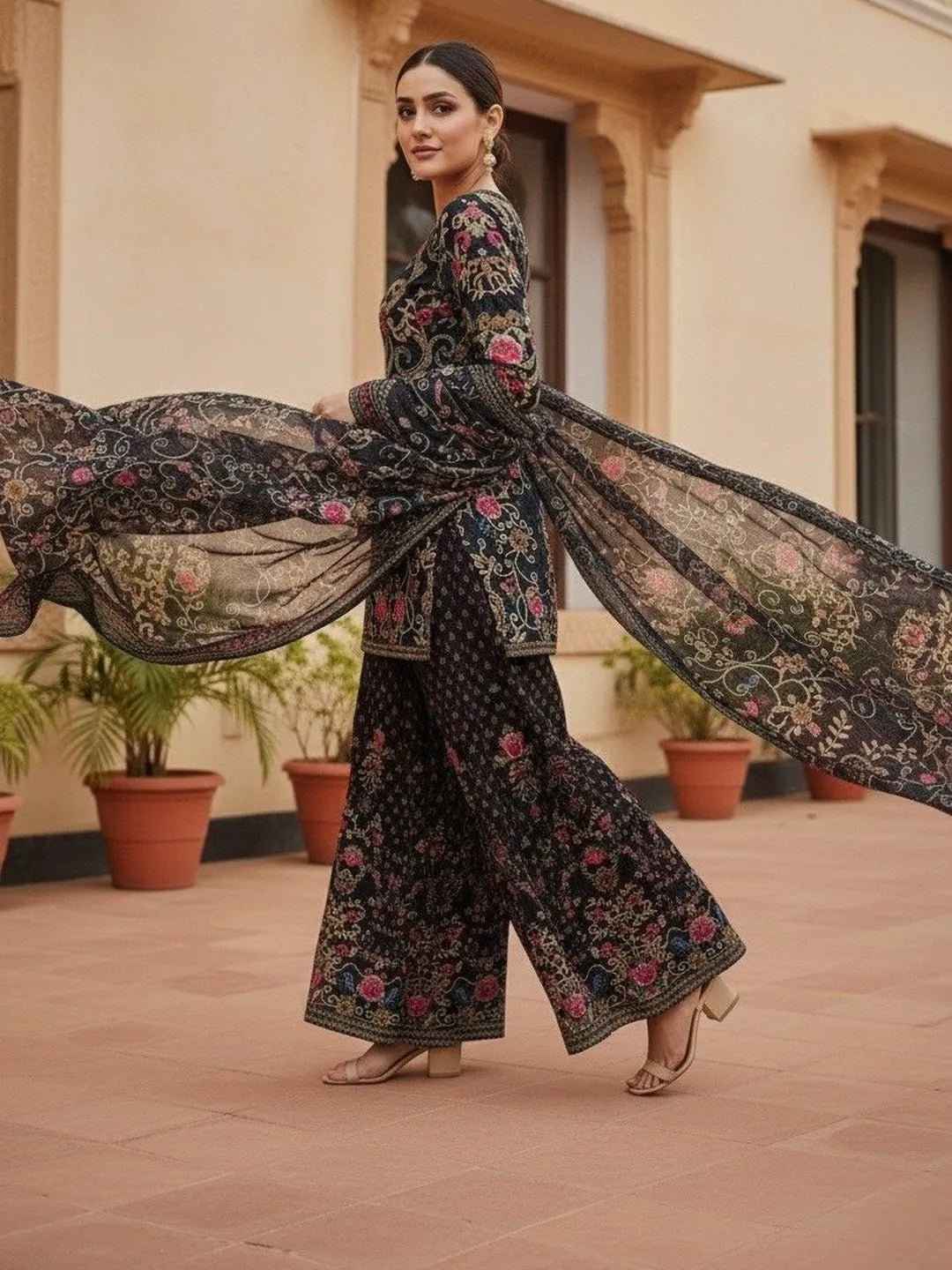 Women Ethnic Motifs Printed Silk Crepe Kurta with Sharara & With Dupatta