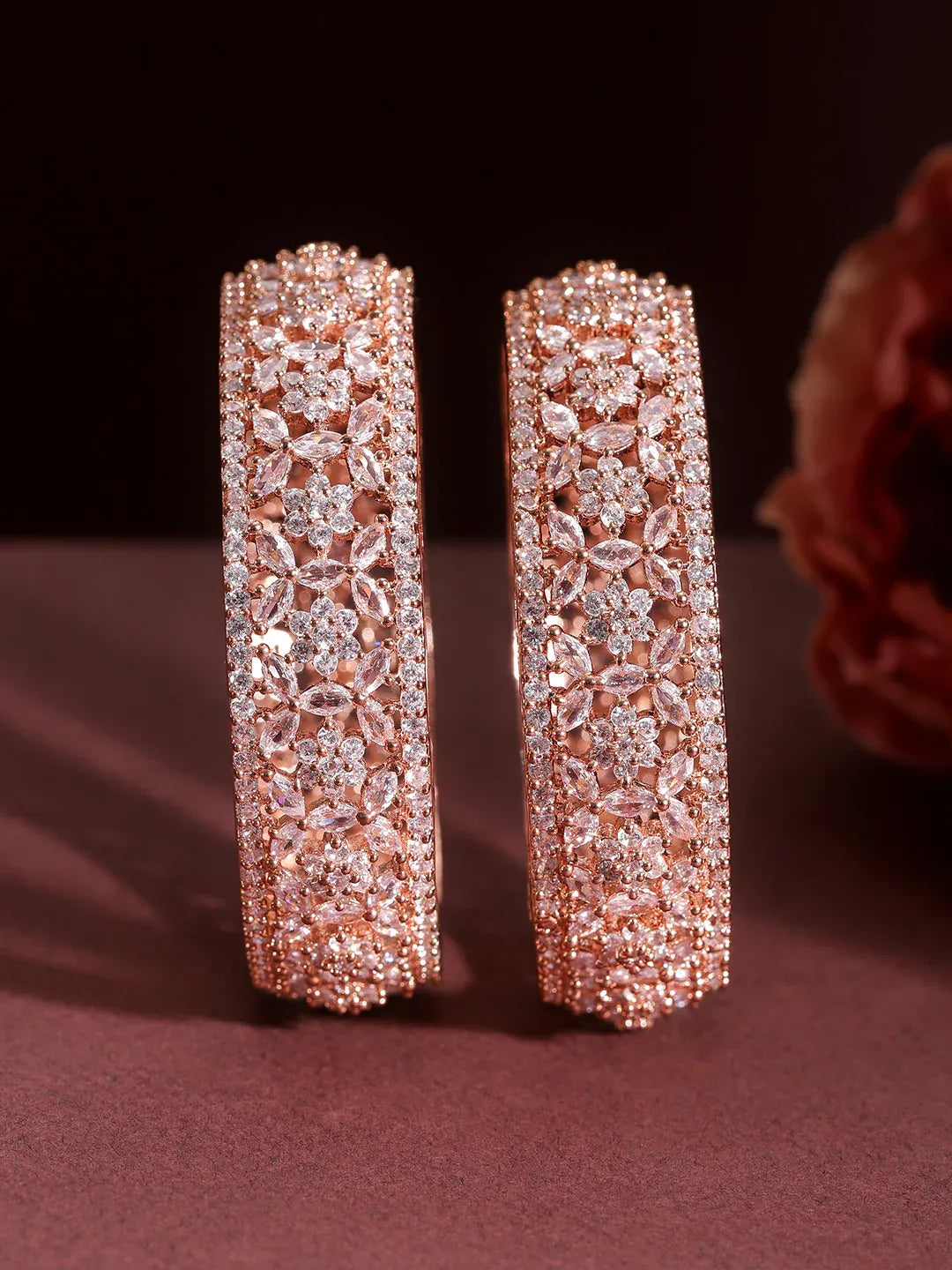 Set of 2 22K Rose Gold Plated Cubic Zirconia Stone Studded Floral Design Bangles