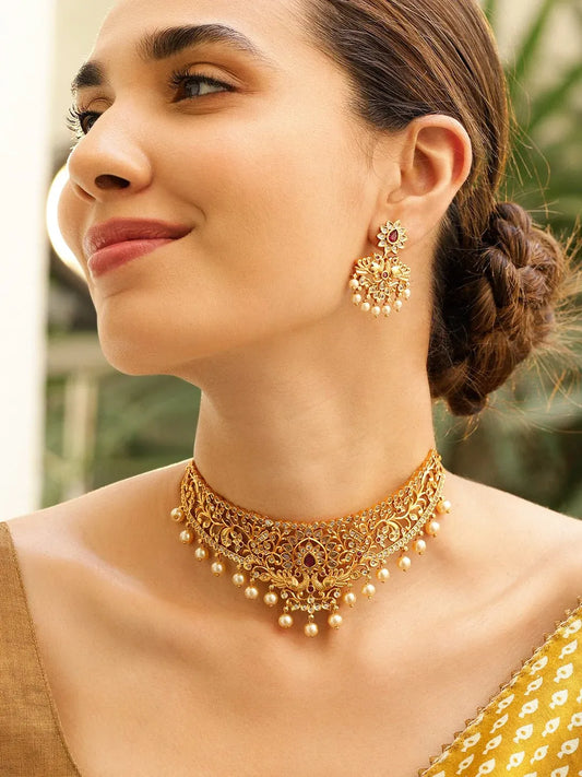 Captivating Red Gold Plated Choker Set