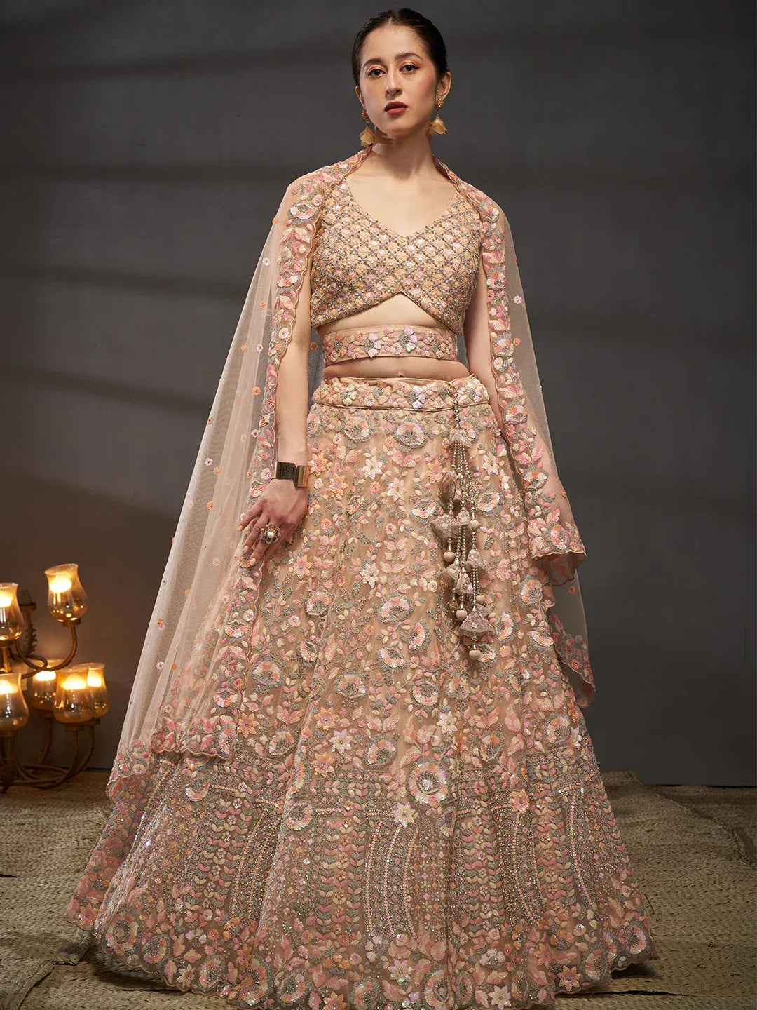 Peach - Multi Sequins Embroidered Net Semi-Stitched Bridal Lehenga choli