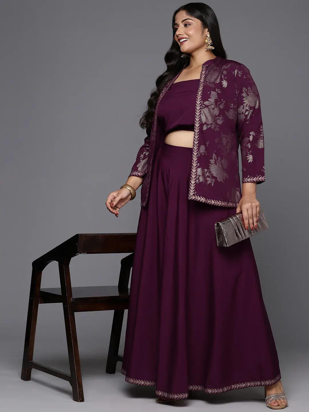 Plus size printed top and jacket with skirt co-ord set for women, view 4