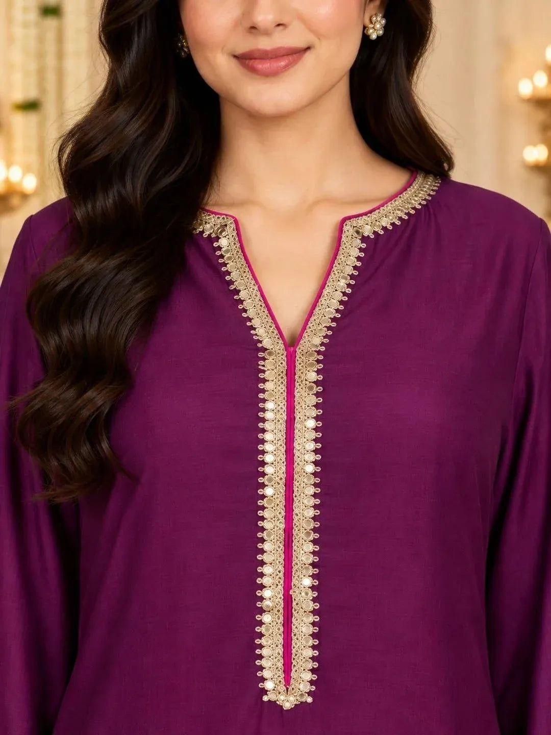 Purple Solid Embellished Gotta Patti Ankle Length Kurta
