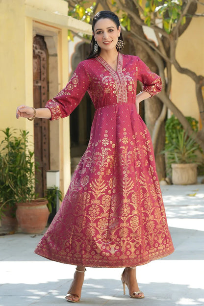 Maroon Ethnic Motif Printed Rayon Anarkali Dress