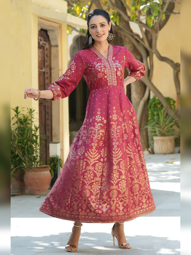 Maroon Ethnic Motif Printed Rayon Anarkali Dress