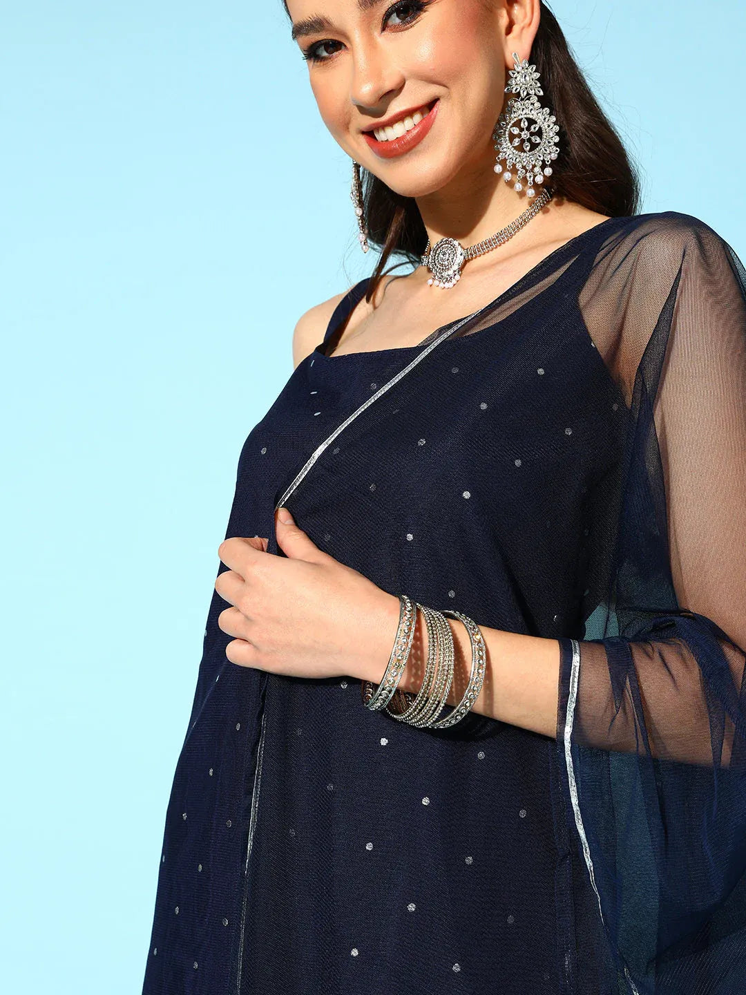 Women's Navy Blue Top to Toe Printed Fusion Sharara Sets With Dupatta