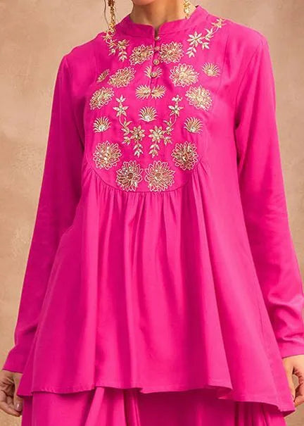 Floral Embroidered Pleated Sequined A-Line Fusion Kurti with Dhoti Pant