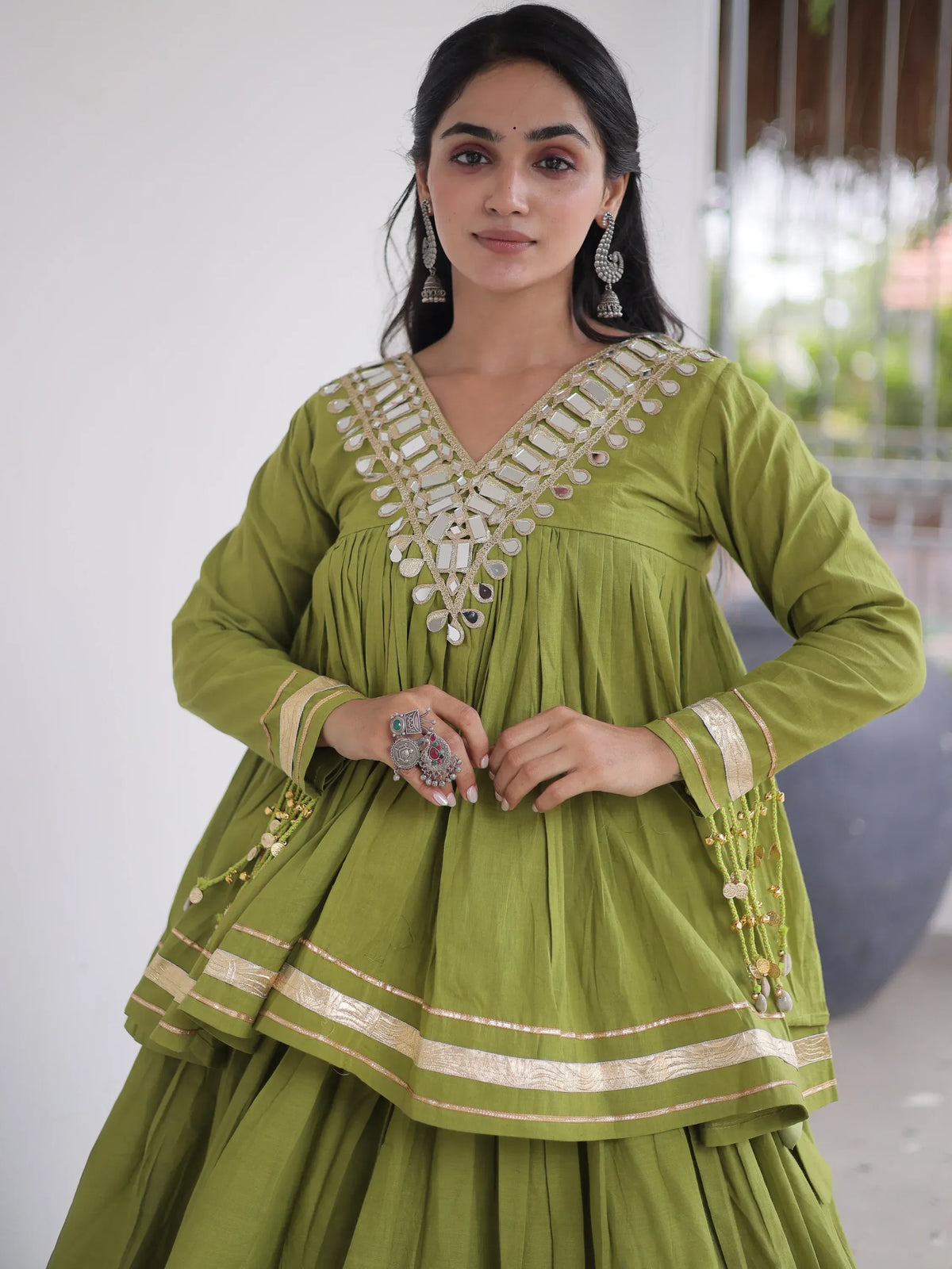Green Gota-Laced Navratri Wear Lehenga With Peplum Top