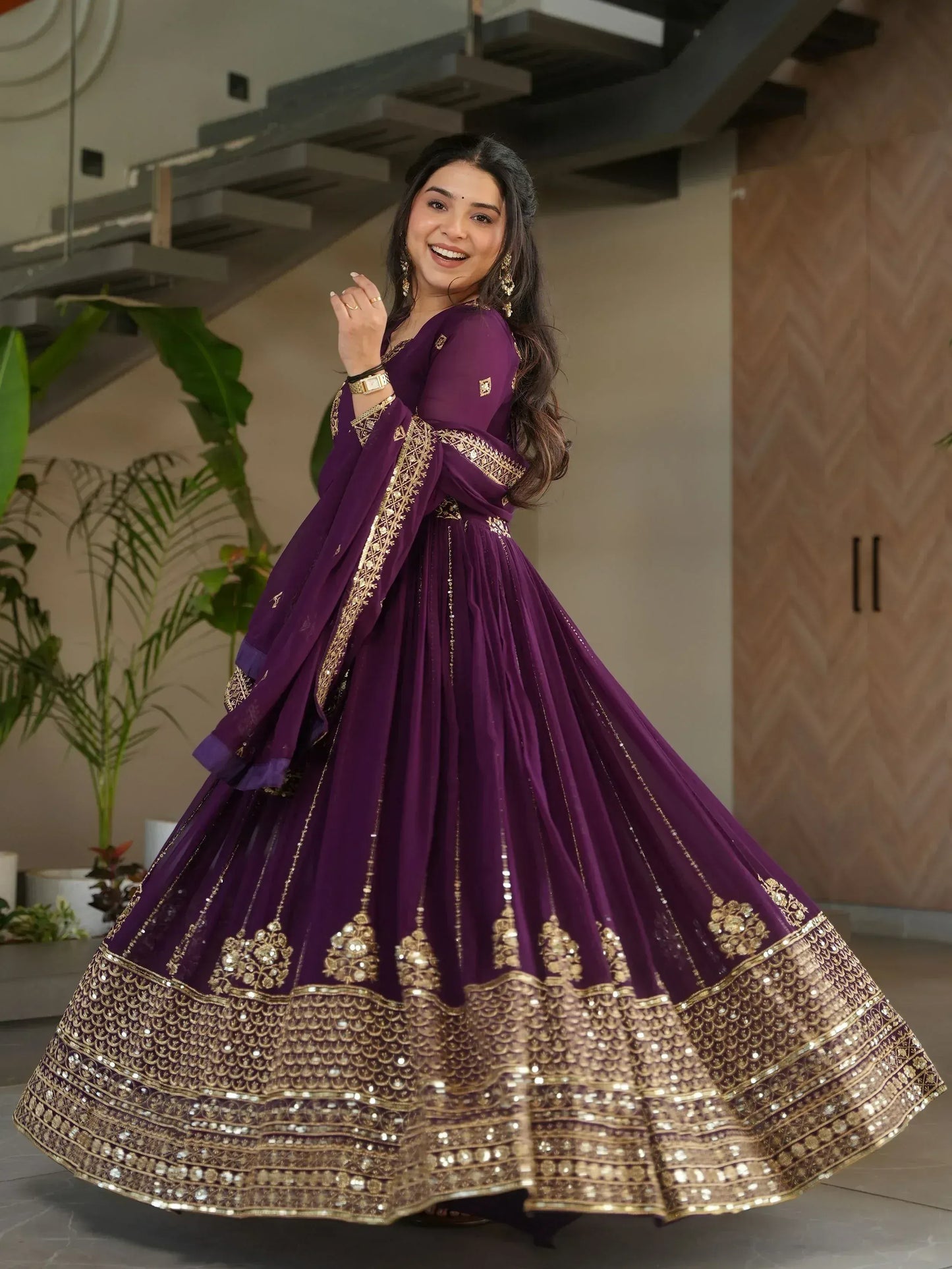 Intricate Georgette Sequins Embroidered Gown With Dupatta