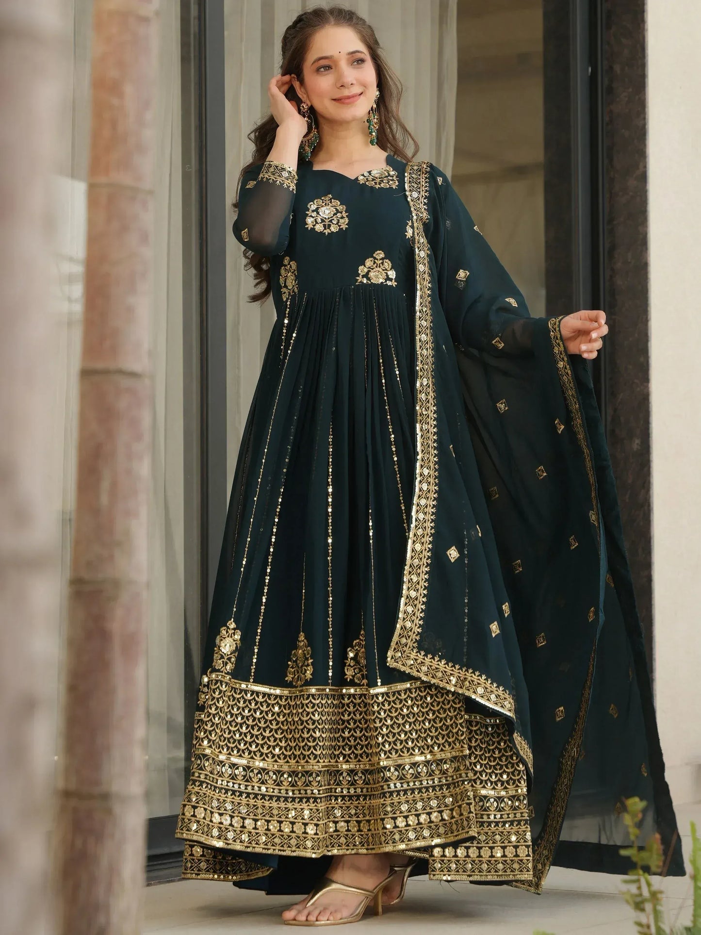 Intricate Georgette Sequins Embroidered Gown With Dupatta