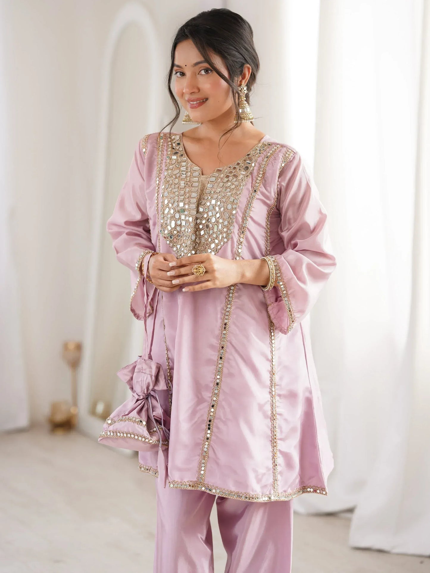 Pastel Mirror Work Silk Designer Pant Suit