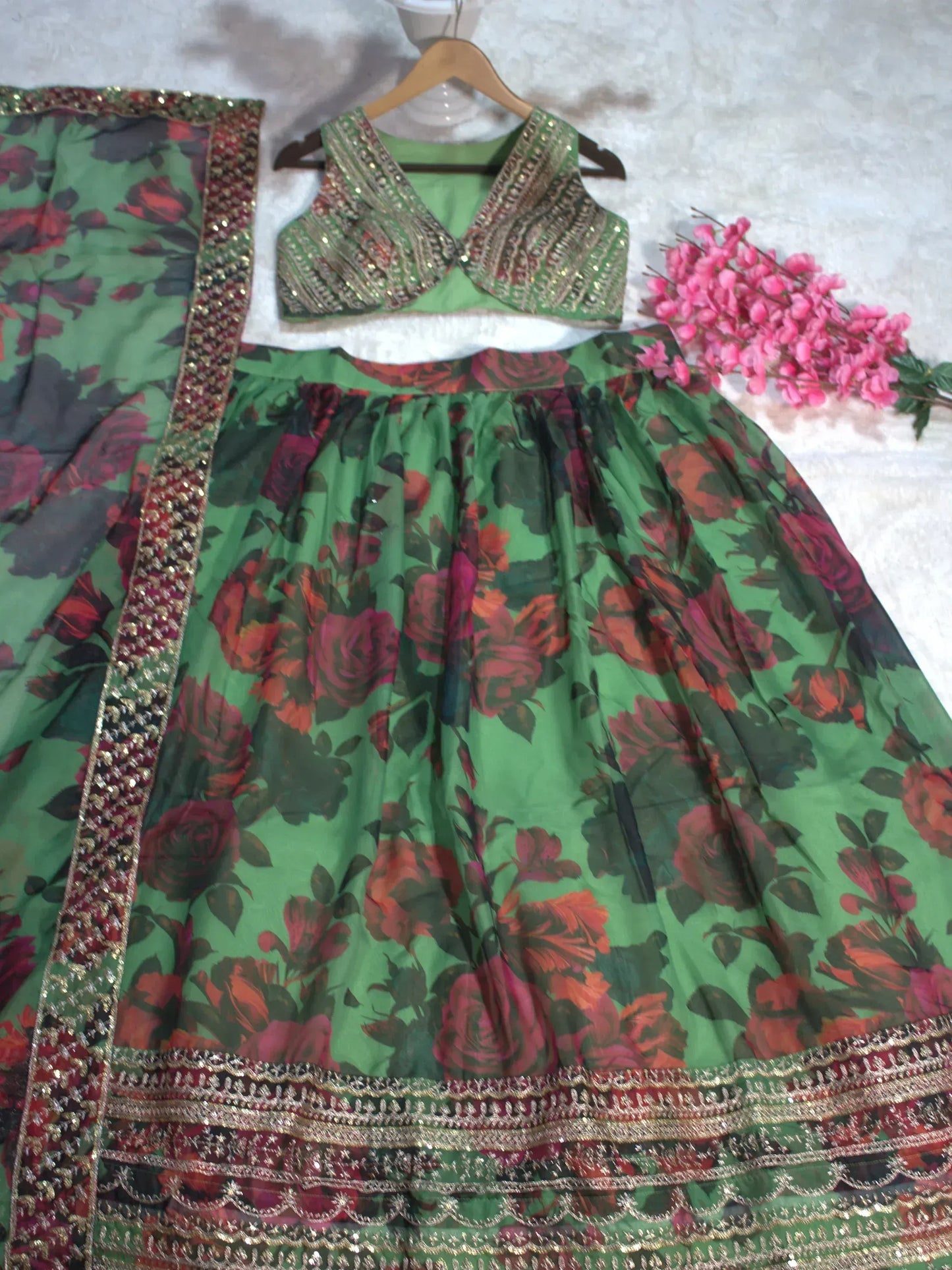 Green Floral Printed Organza Mehndi Wear Lehenga Choli