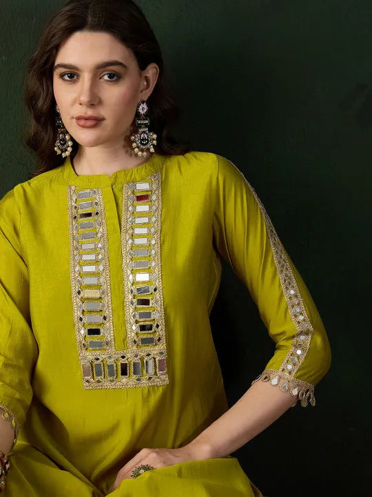 Embellished Mirror Work Roman Silk Tunic With Dhoti Pant