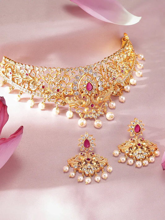 Captivating Red Gold Plated Choker Set