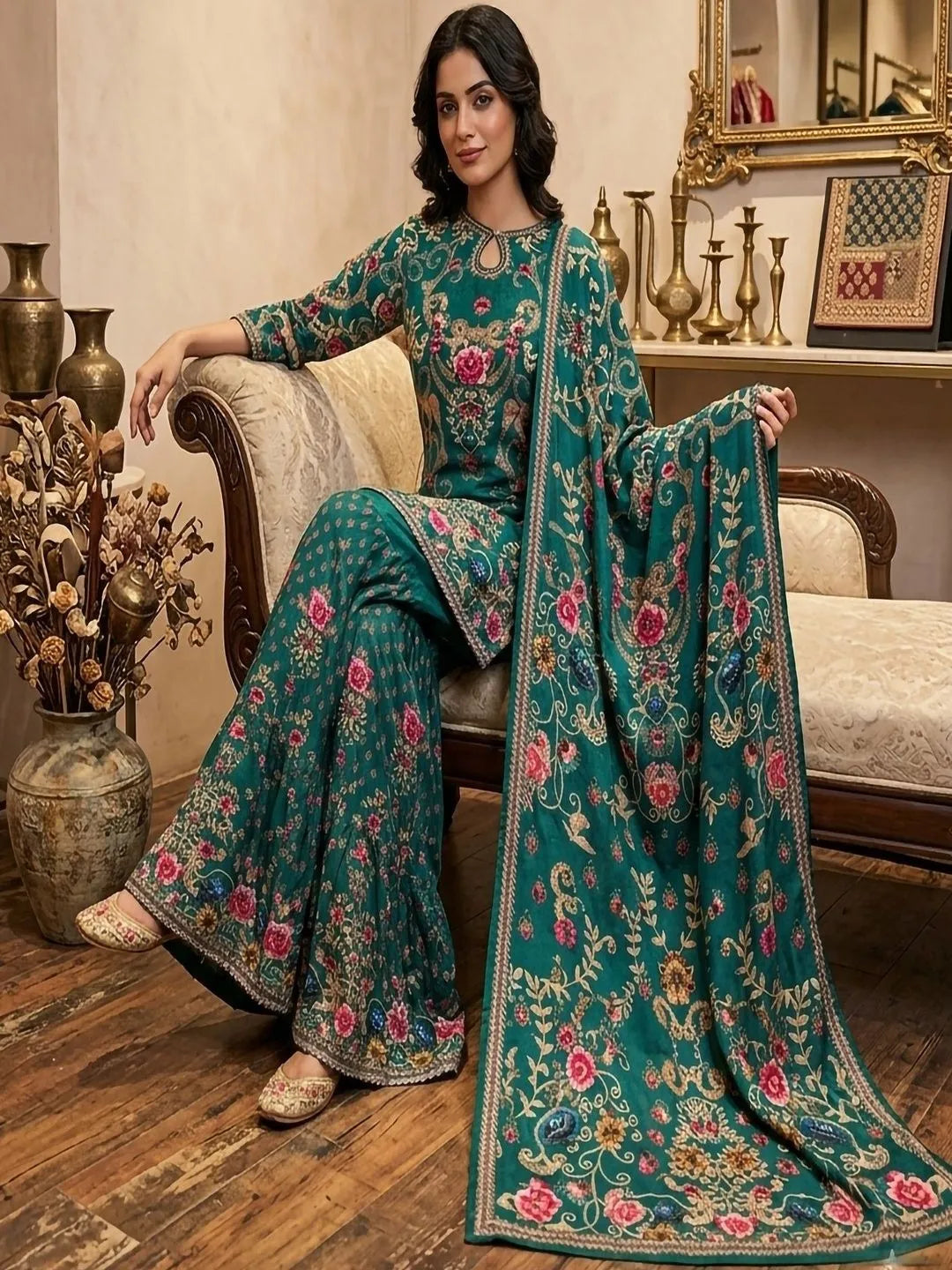 Women Ethnic Motifs Printed Silk Crepe Kurta with Sharara & With Dupatta
