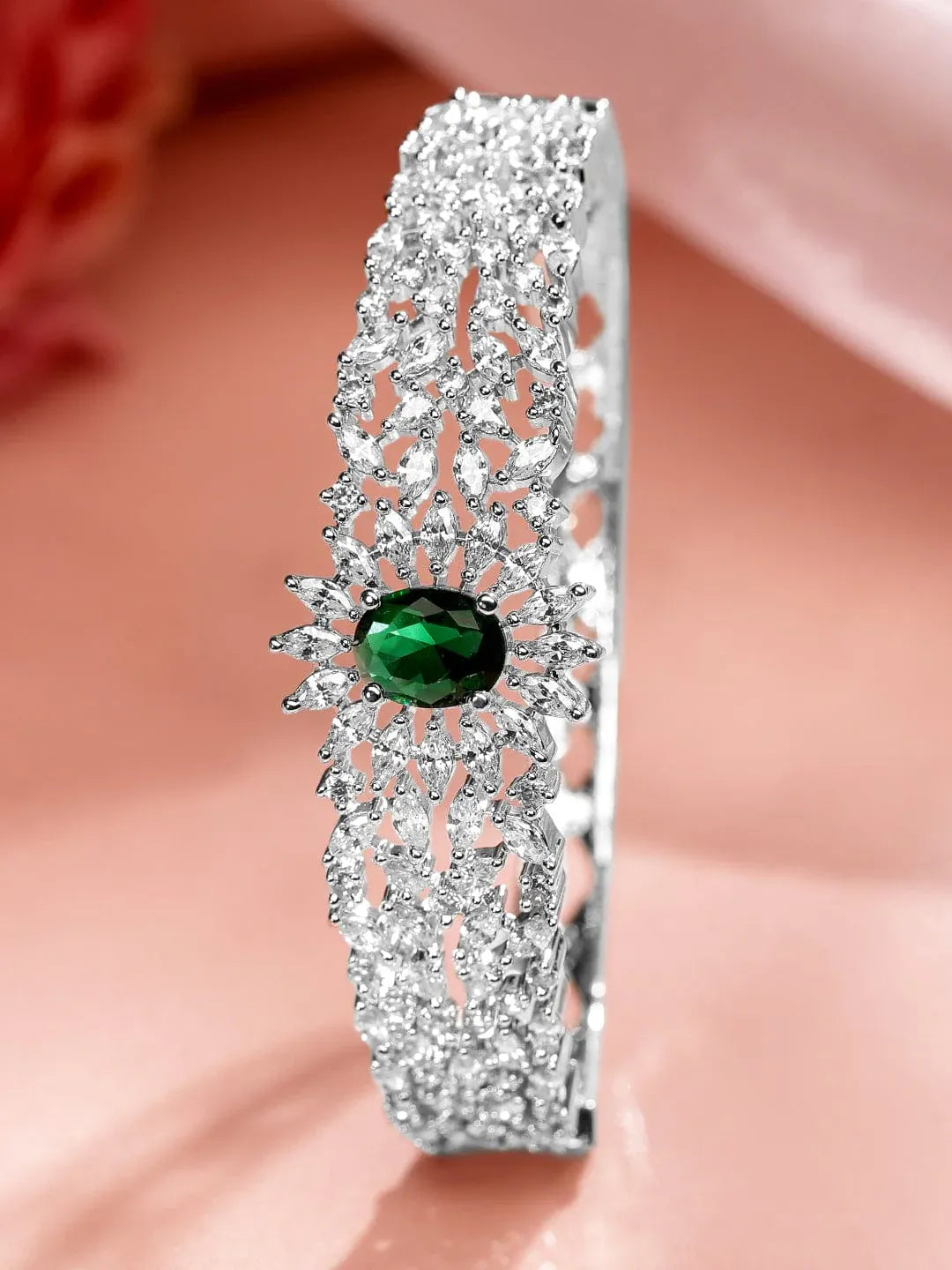 Rhodium-Plated Emerald Green & White Cubic Zirconia Studded Openable Bracelet