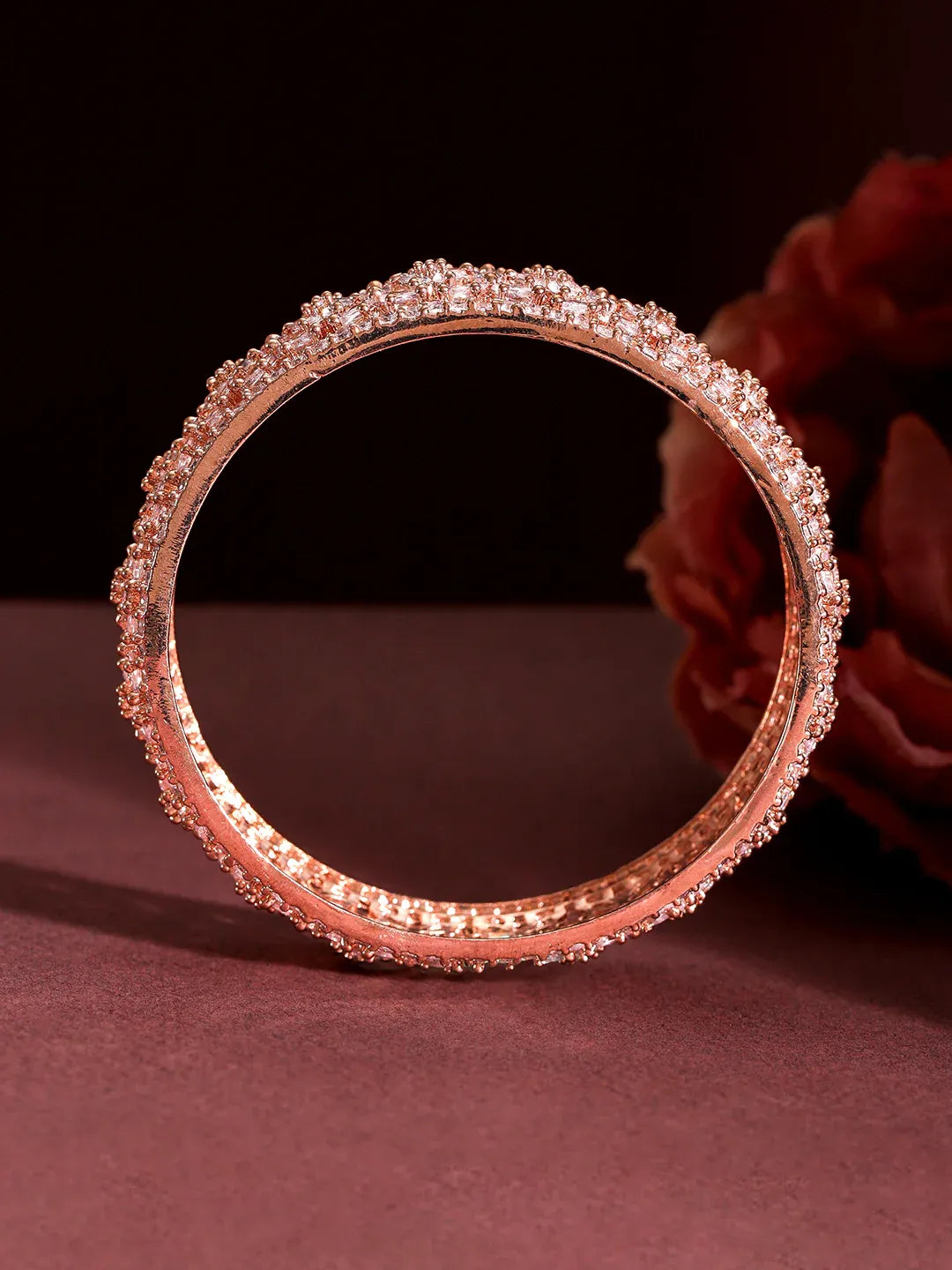 Set of 2 22K Rose Gold Plated Cubic Zirconia Stone Studded Floral Design Bangles