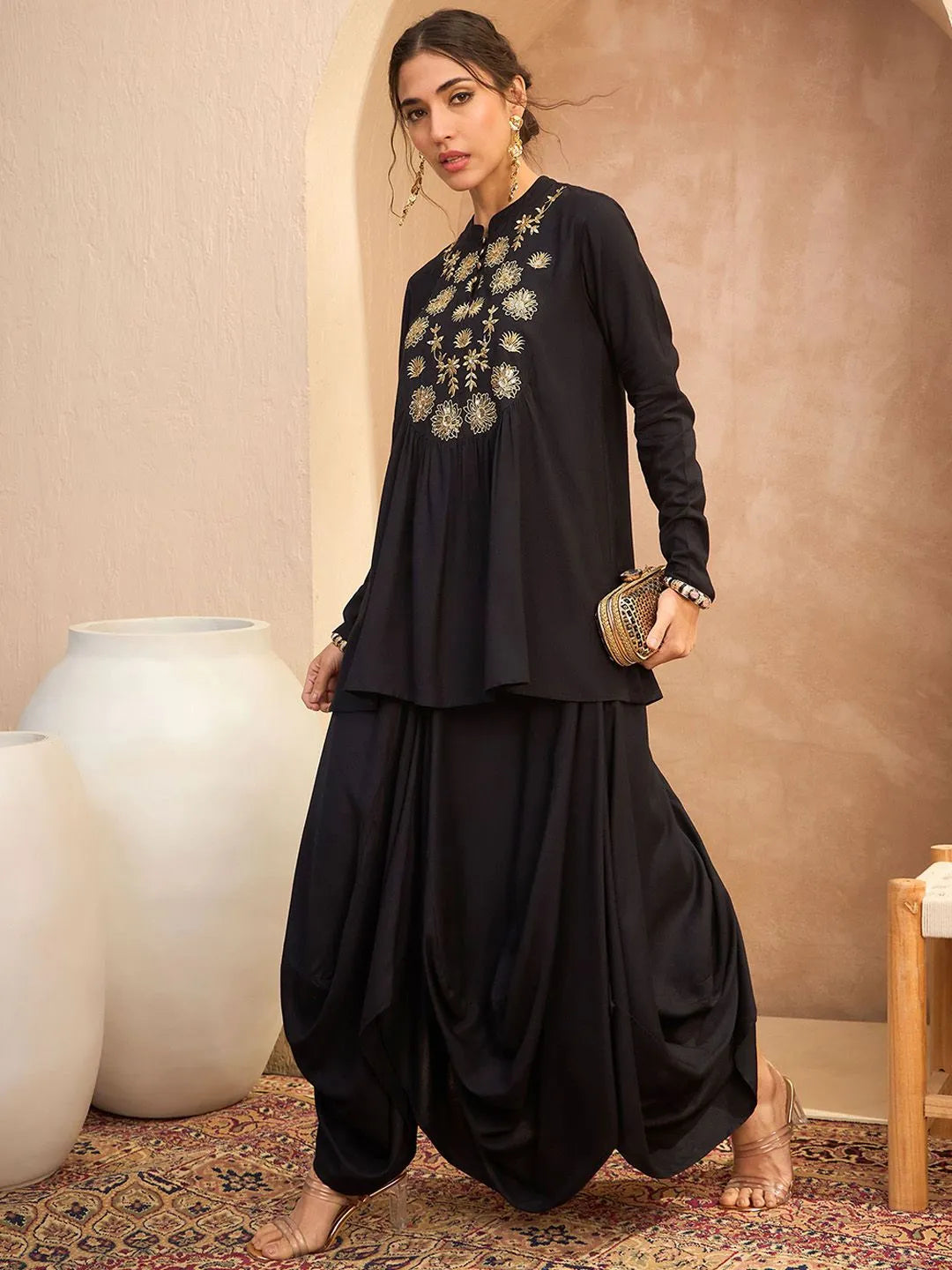 Floral Embroidered Pleated Sequined A-Line Fusion Kurti with Dhoti Pant