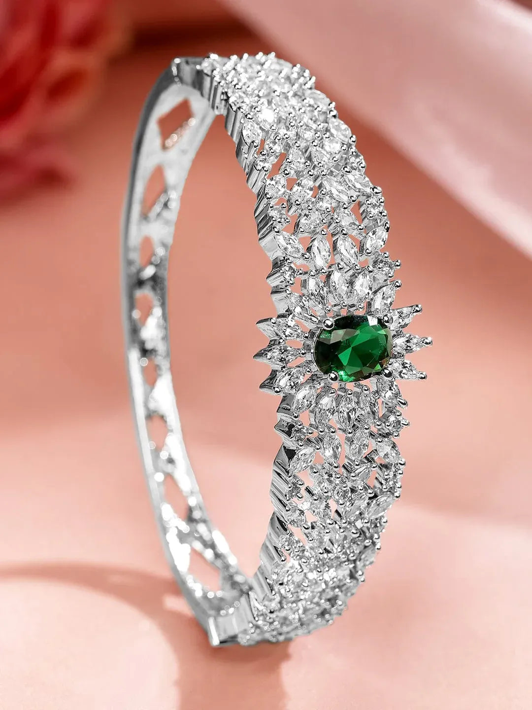 Rhodium-Plated Emerald Green & White Cubic Zirconia Studded Openable Bracelet