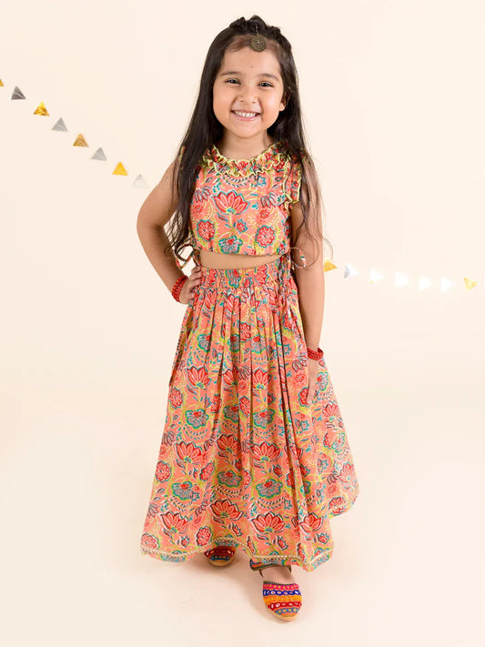 Girls Coral Floral Printed Cotton Flared Lehenga With Choli