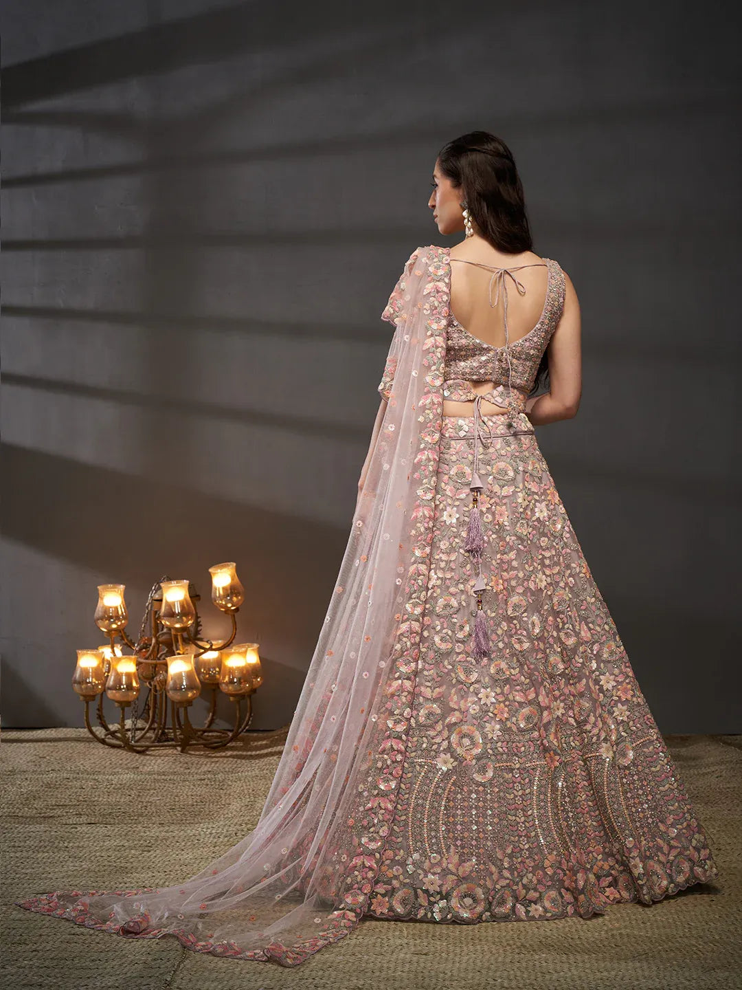 Lavender - Multi Sequins Embroidered Net Semi-Stitched Bridal Lehenga choli