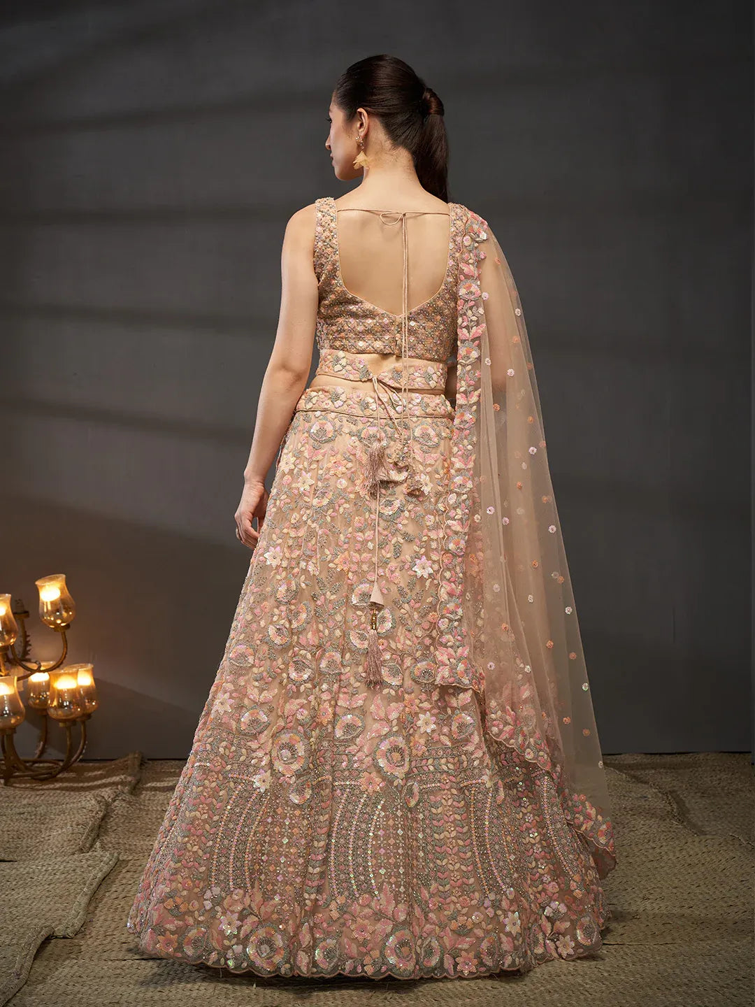 Peach - Multi Sequins Embroidered Net Semi-Stitched Bridal Lehenga choli