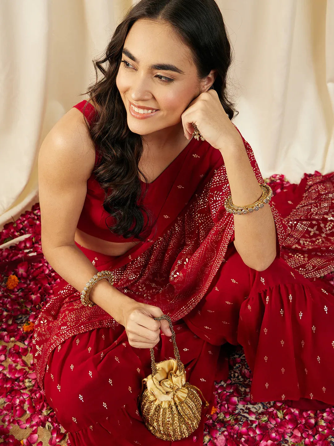 Crop Top with Sharara Saree and frill Dupatta in Ethnic Motifs
