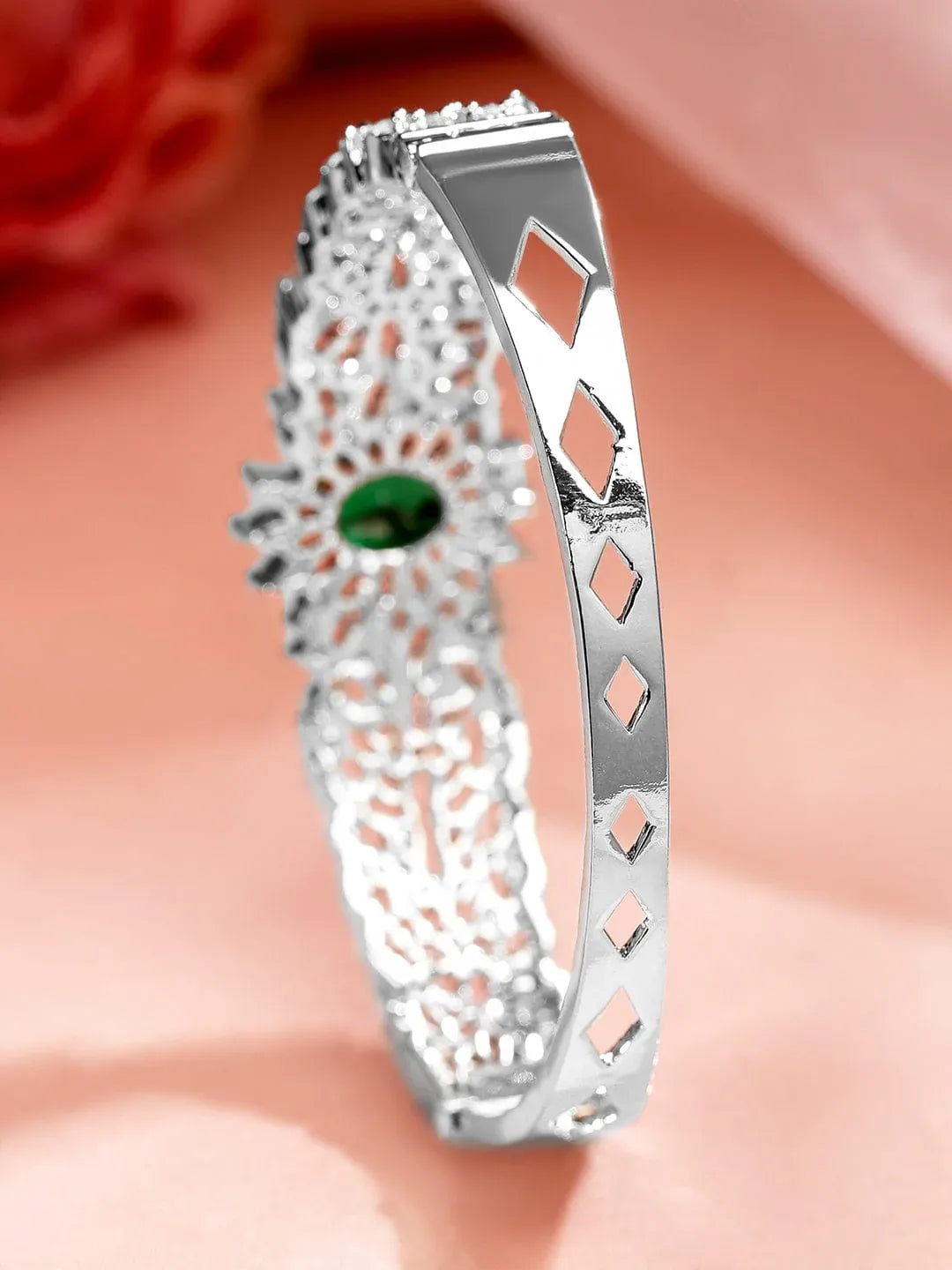Rhodium-Plated Emerald Green & White Cubic Zirconia Studded Openable Bracelet