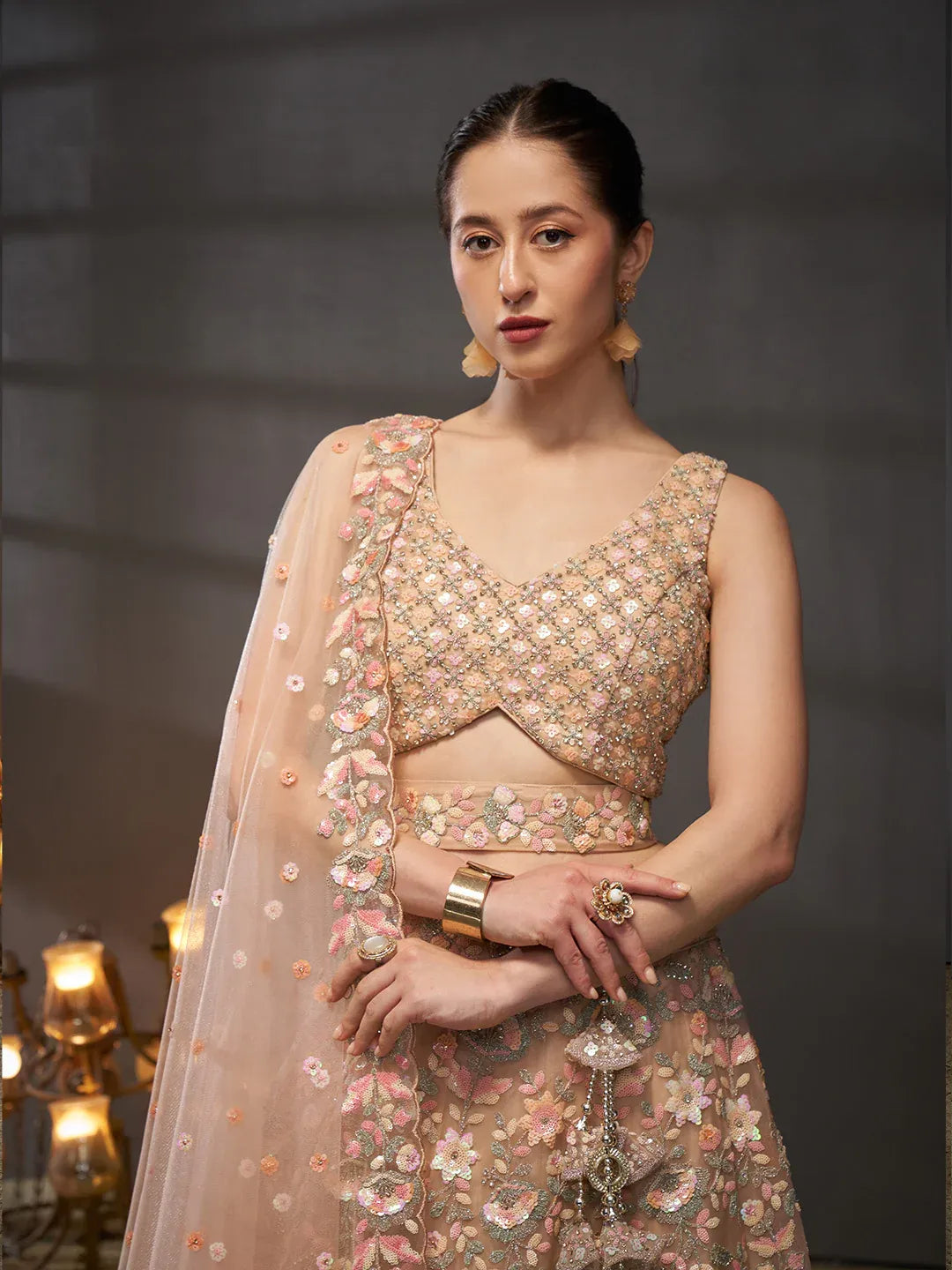 Peach - Multi Sequins Embroidered Net Semi-Stitched Bridal Lehenga choli
